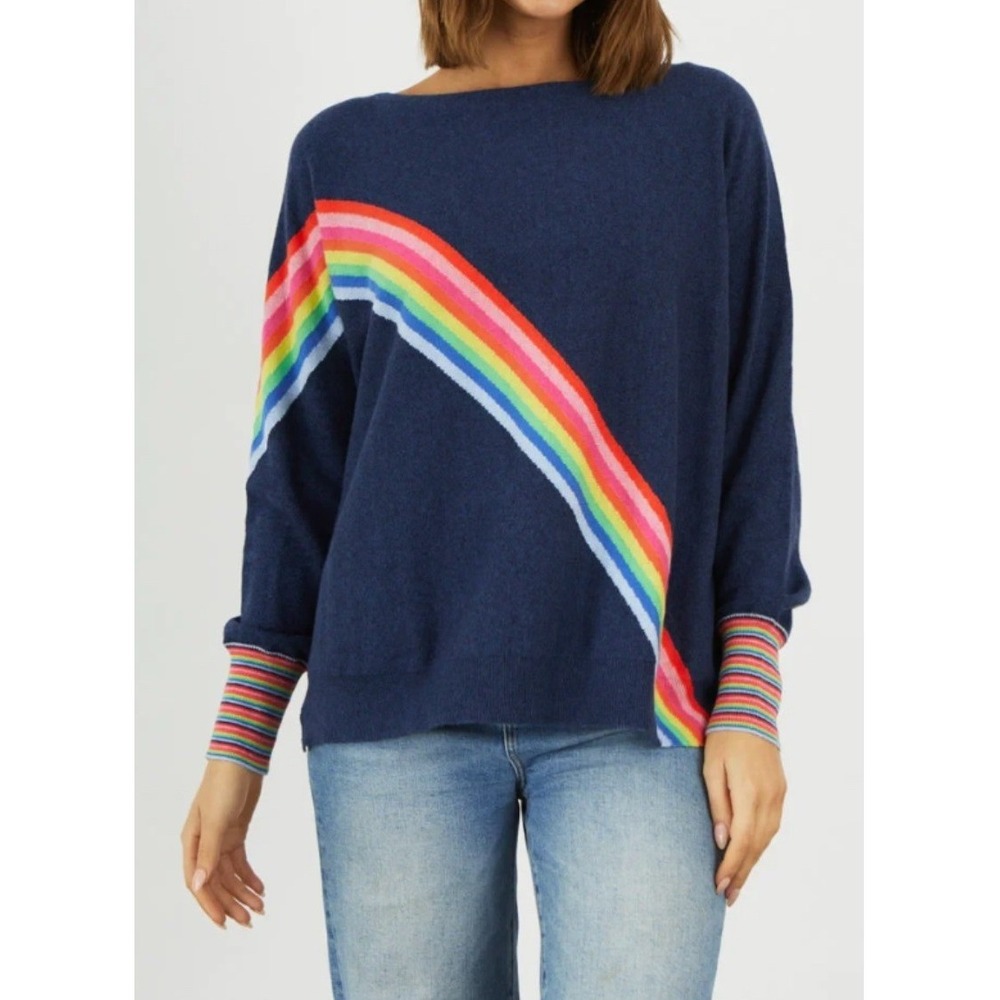 Zaket & Plover Navy Blue Rainbow Stripe Boat Neck Knit Sweater Large